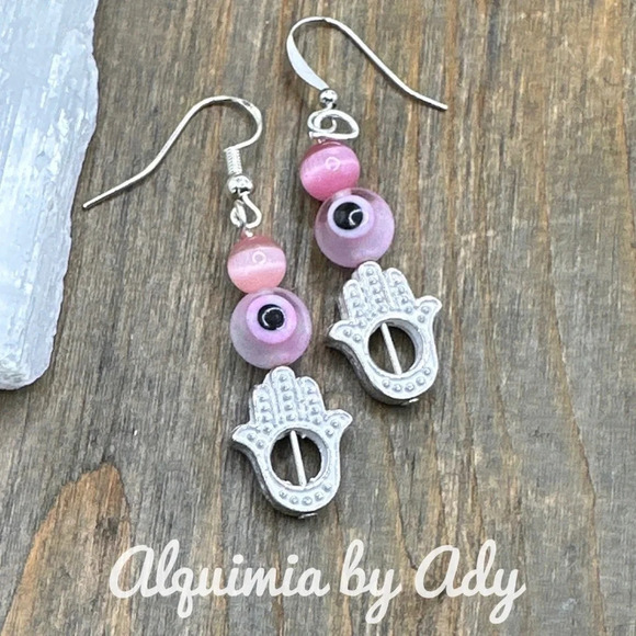 Cat's eye/Hamsa/evil's eye balanced bar dangle gold earrings/protection/ - Picture 1 of 3